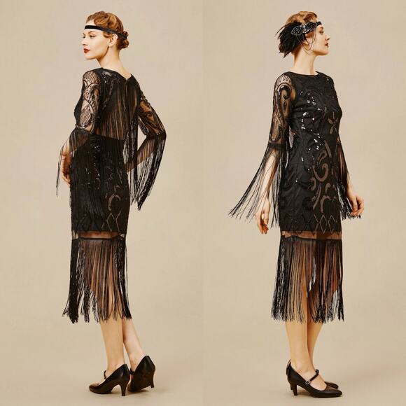 Babeyond Medium Roaring 20s Paisley Cut-out Backless Fringe Dress Sheer Sequin - Picture 1 of 13